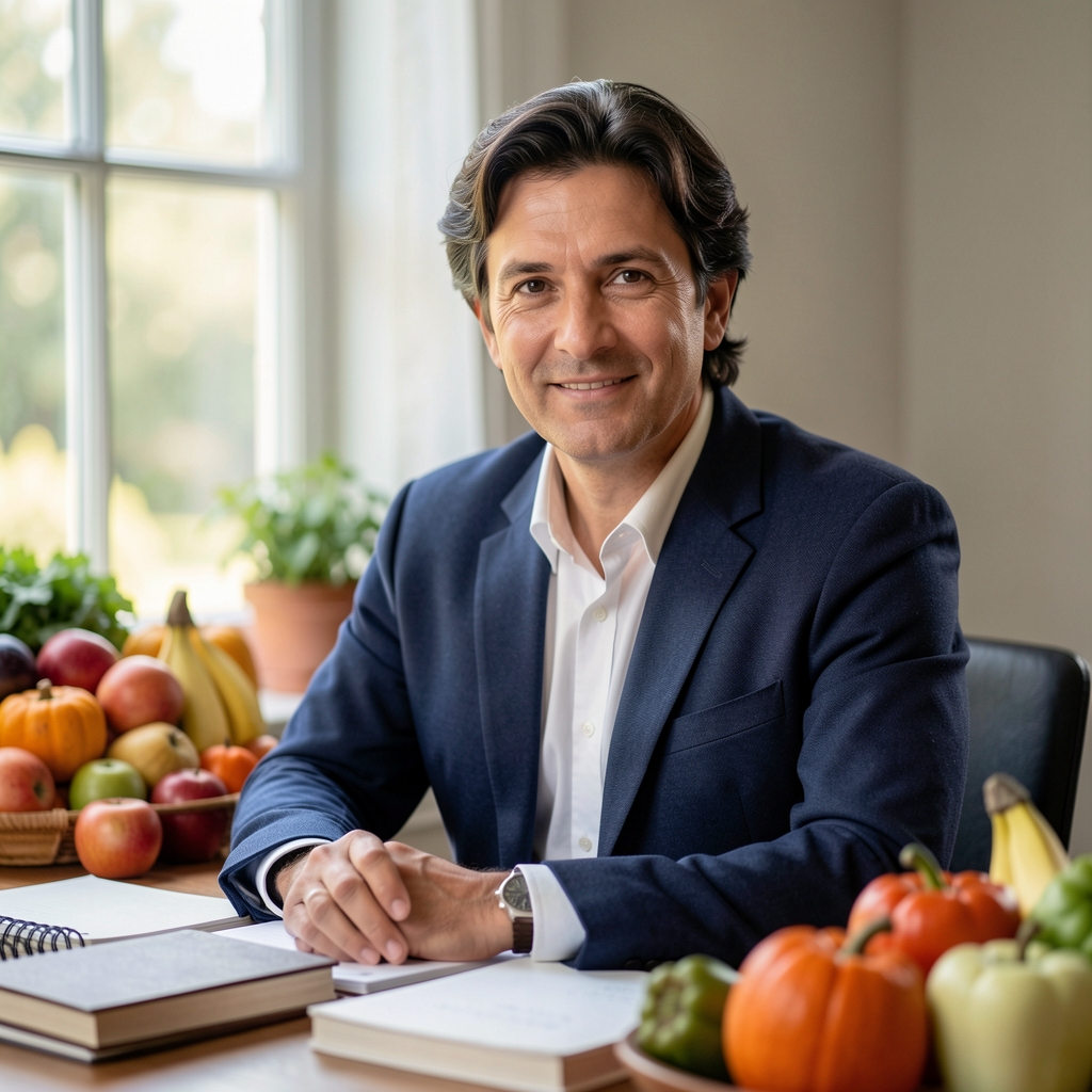 Editorial portrait of a nutrition writer at a desk surrounded by notebooks and seasonal produce, soft natural light