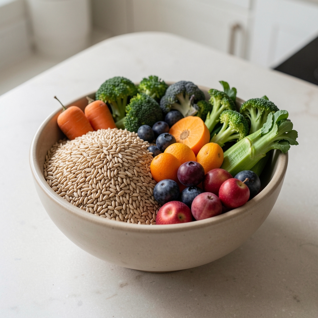 Bowl of whole foods including grains, seasonal vegetables, and a handful of winter fruit arranged on a pale kitchen surface