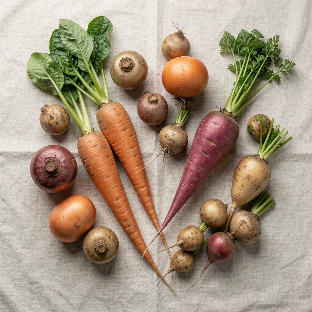 Selection of winter seasonal root vegetables arranged on a pale linen surface, editorial flat-lay composition