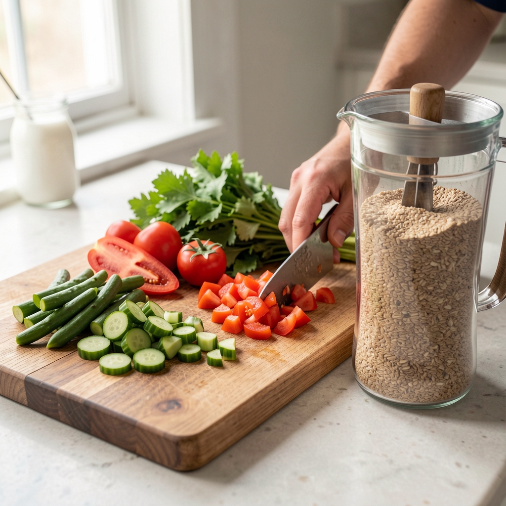 Meal preparation scene with fresh vegetables being chopped on a wooden board and whole grain ingredients measured beside them