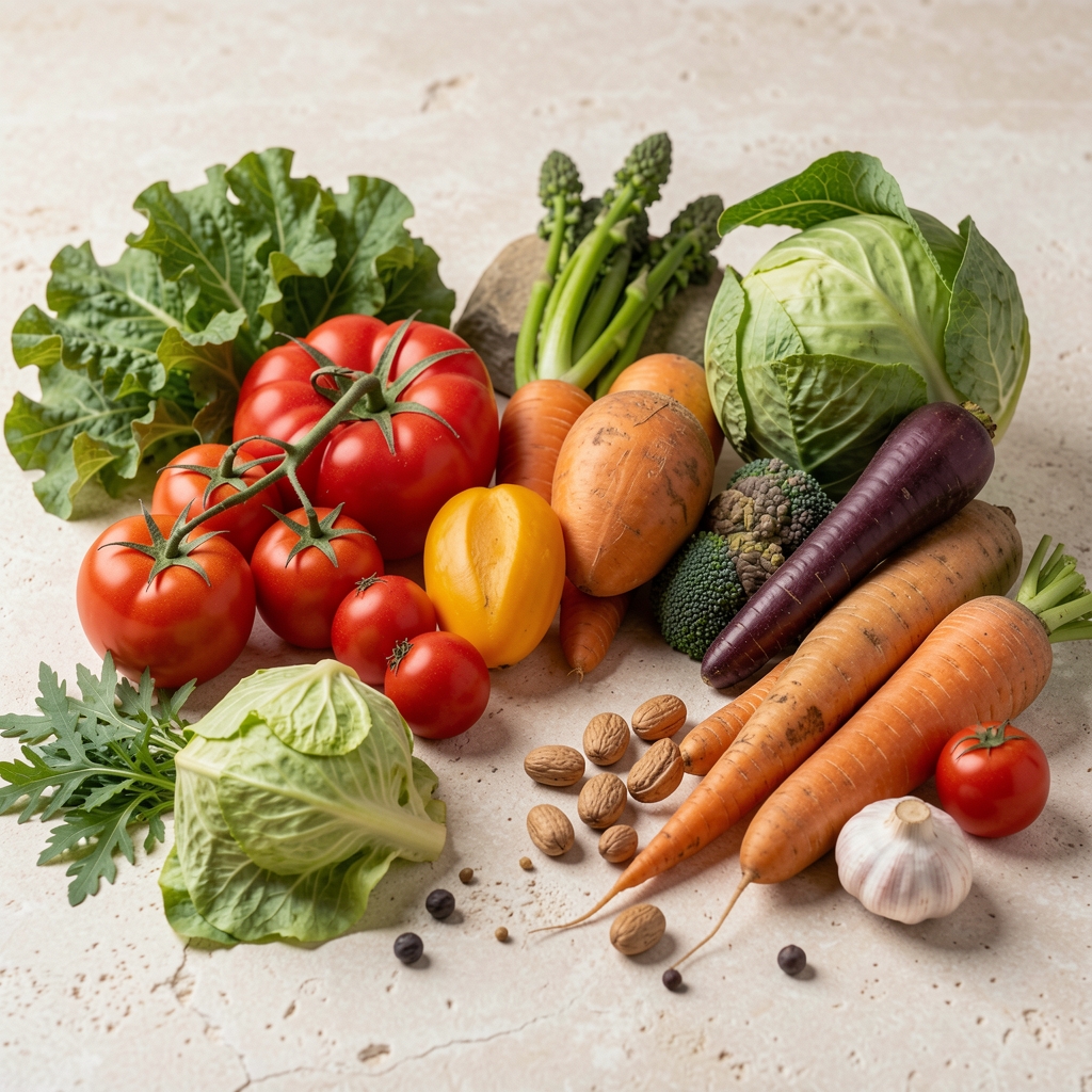 Fresh seasonal vegetables and whole foods arranged on a pale stone surface in editorial composition, natural light