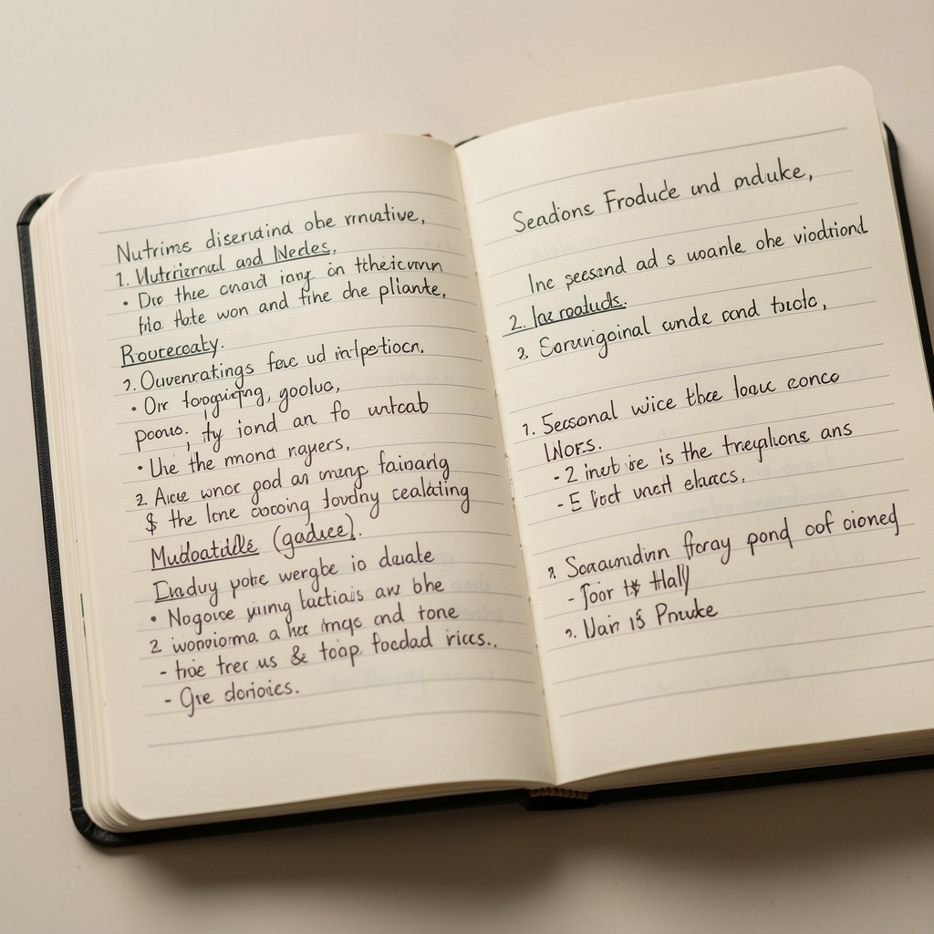 Close-up of an open research notebook with handwritten nutritional observations and seasonal produce notes on a pale surface